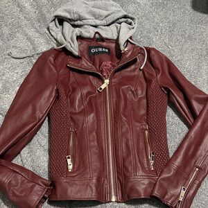 GUESS Women's Maroon Leather Jacket with Gray Hood
